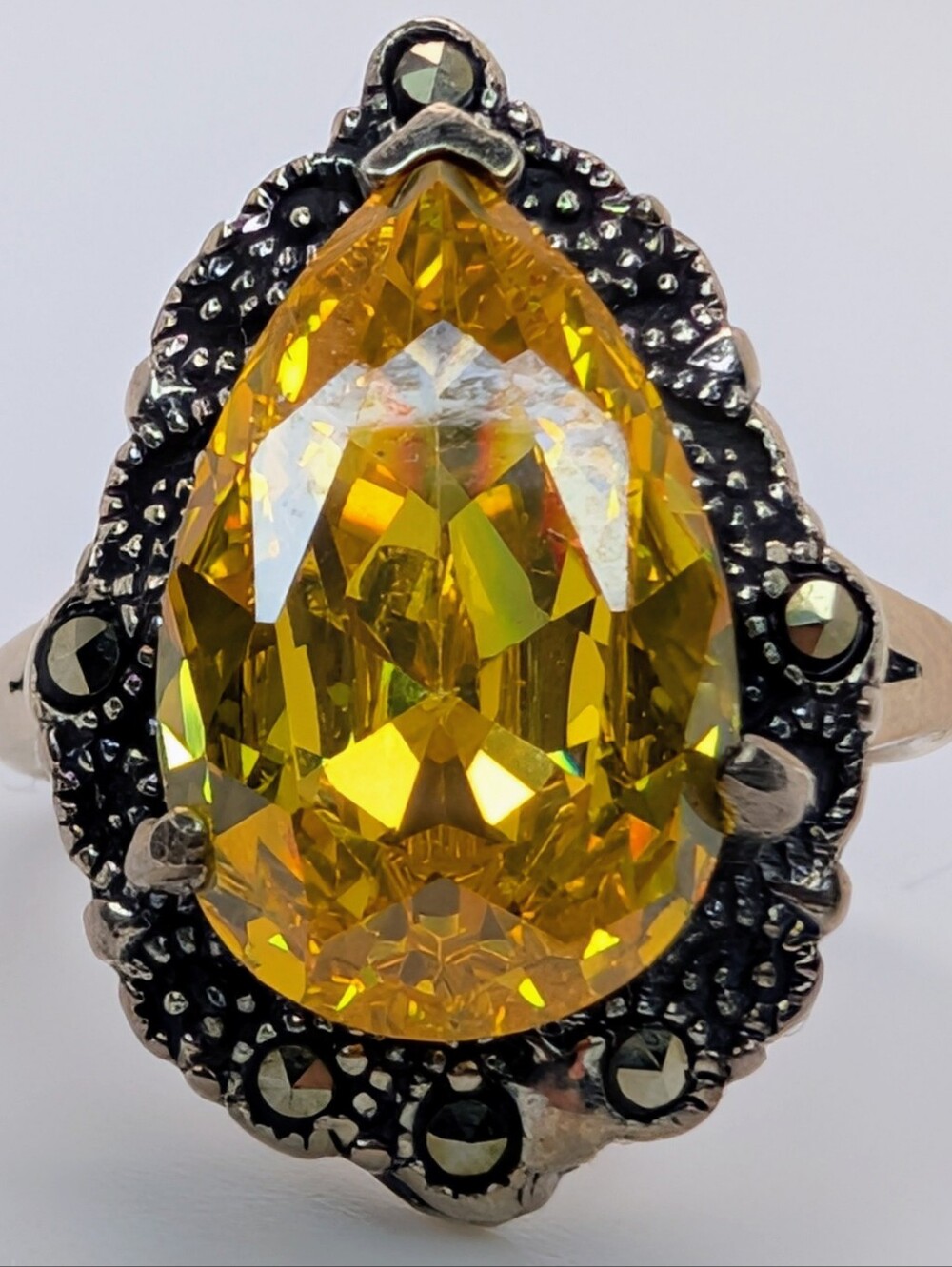 Dyed Yellow Quartz & Marcasite S925 Sterling Silver Gemstone Ring Size 7 1/4